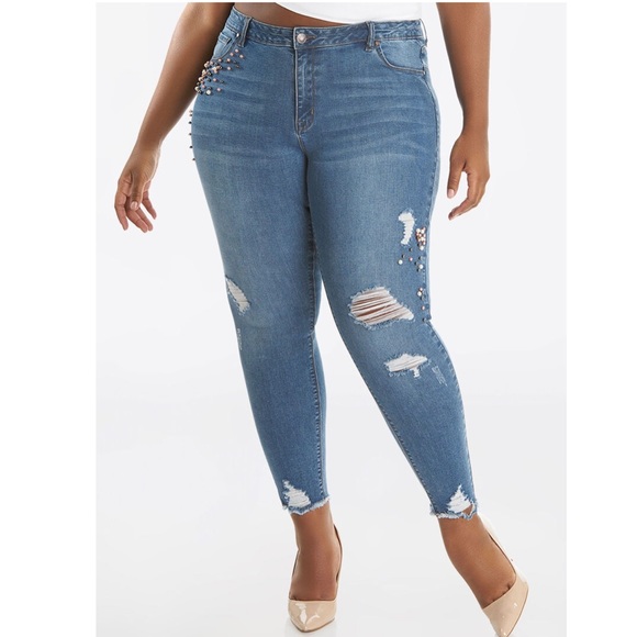 lala anthony Denim - Lala Anthony collection Faux Pearl-Accented Distressed Skinny Jeans size 14 / 33
